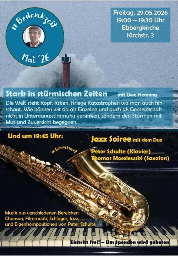 Flyer: Bedenkzeit und Hörenswert am 29.05.26 um 19 Uhr