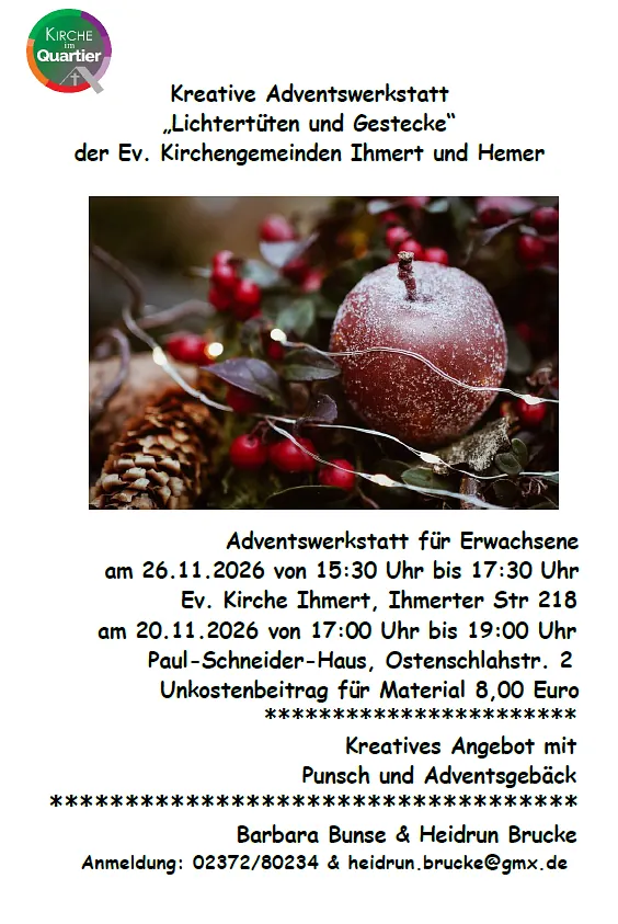 Flyer: Adventswerksatt am 26.11. von 15.30 bis 17.30 Uhr, in der Ihmerter Kirche