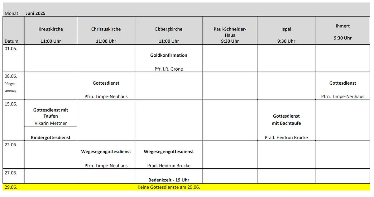 Bild: Gottesdienstplan (Gottesdienste sind auch im Terminkalender zu finden)