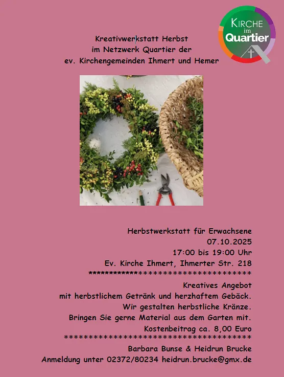 Einladung zur Kreativwerkstatt am 07.10.25 um 19 Uhr zum Thema "Kränze binden"