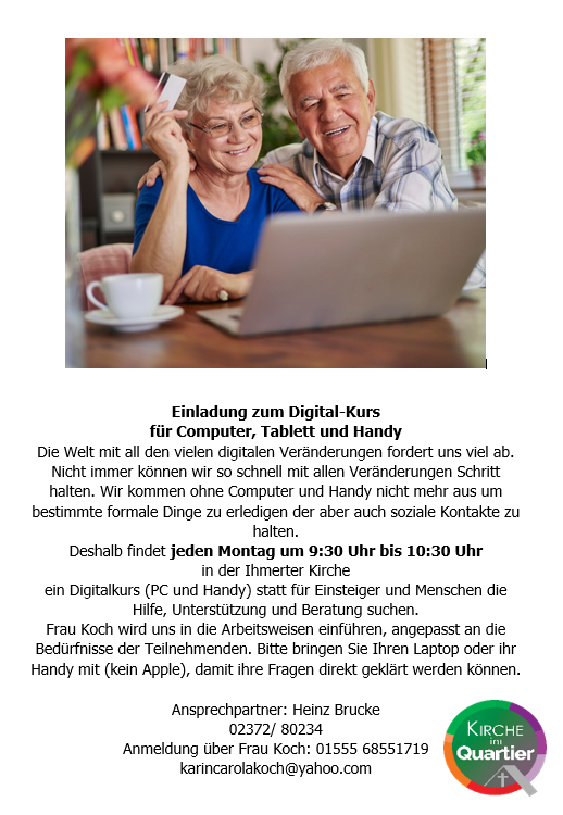 Flyer: Digitalkurs: jeden Montag um 9.30 Uhr in der Ihmerter Kirche