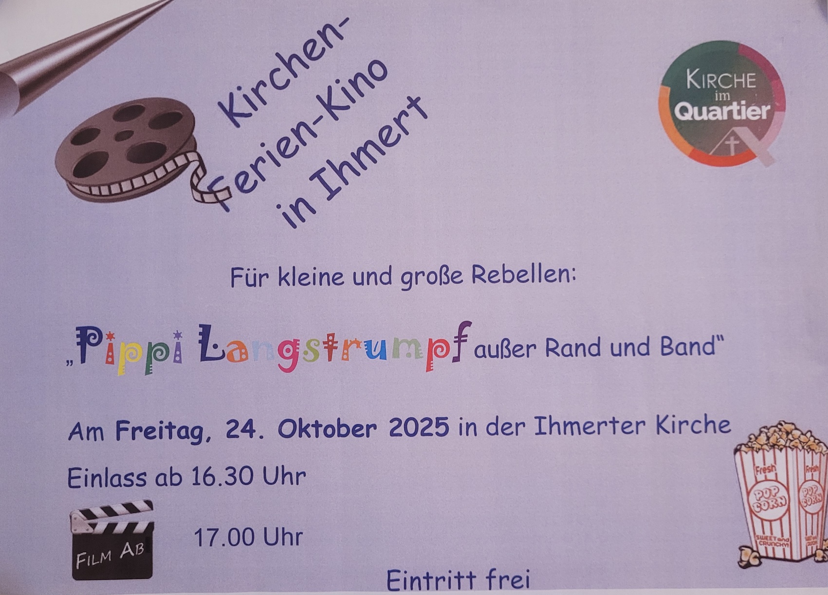 Plakat: Kirchenkino am 24.10.25, Film: Pippi Langstrumpf außer Rand und Band