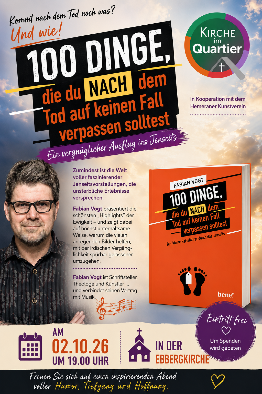Flyer: Veranstaltung zu 100 Dinge, die du nach dem Tod auf keinen Fall verpassen solltest am 02.10.2026 um 19 Uhr in der Ebbergkirche