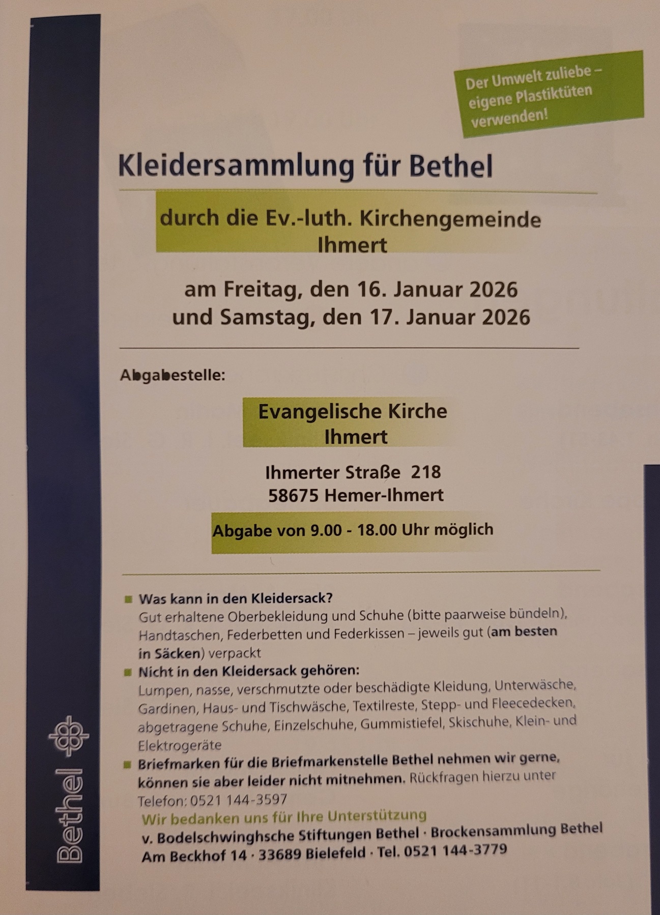 Flyer: Bethelsammlung am 16. und 17.1.26 von 9-18 Uhr