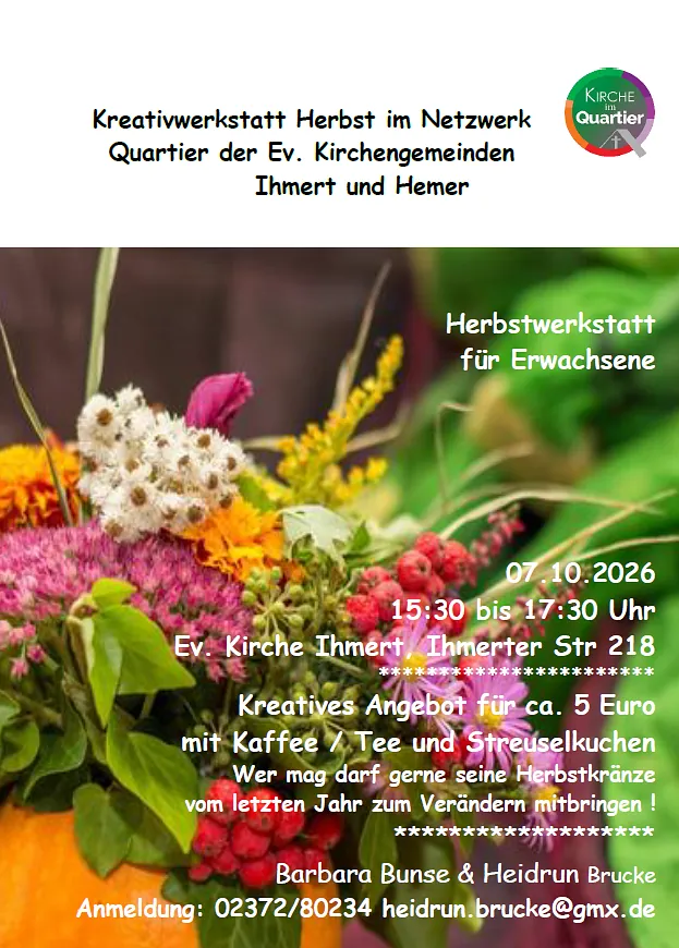 Flyer: Kreativwerkstatt am 07.10. von 15.30 bis 17.30 Uhr, in der Ihmerter Kirche