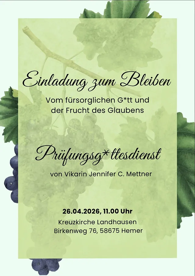 Flyer: Prüfungsgottesdienst von Vikarin Mettner am 26.04.26 um 11 Uhr