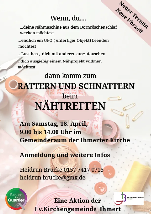 Flyer: Nähtreffen am 18.04. von 9-14 Uhr